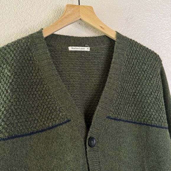 Marine Layer Cardigan Men’s Medium Olive Army Green Knit Alpaca Grandpa Sweater - Picture 5 of 10